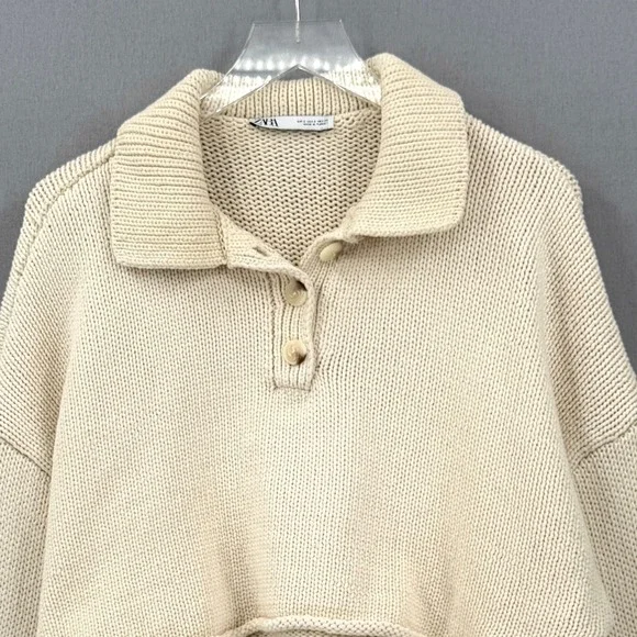 ZARA Cropped Polo Sweater Women Small Cream Relaxed Balloon Sleeve Casual Collar - Picture 6 of 15
